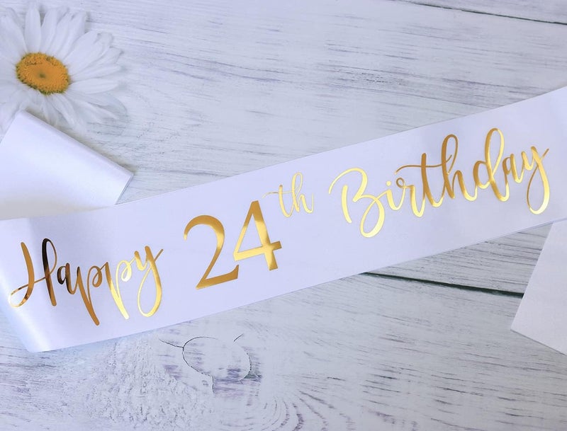 Docooniver Happy 24th Birthday Sash for Women,Men,Girls and Boys,It's my 24th Birthday Sash White with Gold Foil Lettering. - Image 2